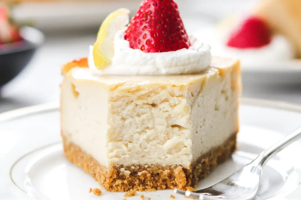 Eye-level close-up shot of a slice of vegan cheesecake with a dense creamy texture, crumb crust, whipped cream topping, and a fresh strawberry on a white plate.