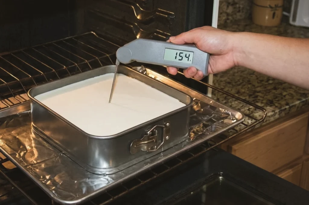 Eye-level close-up shot of a digital thermometer measuring the internal temperature of a soy cheesecake inside the oven, illustrating proper baking technique for soy-based cheesecake.