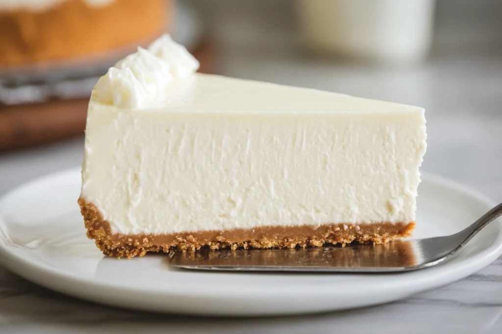 Side-angle close-up of a single slice of classic cheesecake with a graham cracker crust served on a white plate.