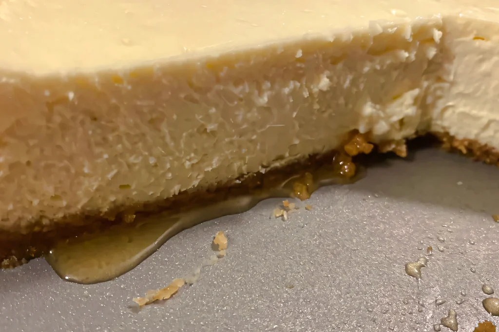 Close-up side-angle shot of a baked cheesecake slice showing clear water separation at the base, with moisture collecting between the creamy filling and biscuit crust, highlighting texture during the resting period.