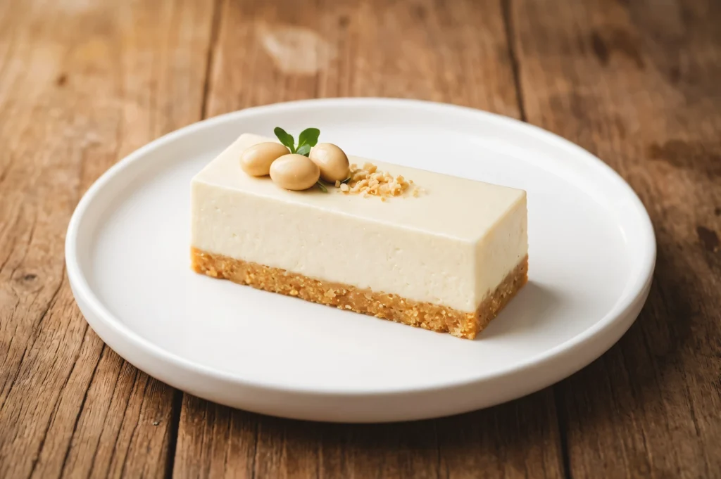 Top-down overhead dessert shot of a rectangular cheesecake slice with a smooth creamy top, nut garnish, and crumb crust, plated on a white dish over a rustic wooden table, highlighting minimalist café dessert presentation and refined pastry detail.