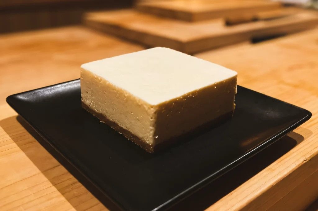 Eye-level close-up of a block of soy cheesecake served on a black plate on a wooden counter, highlighting a smooth, firm texture achieved using the water bath baking method.