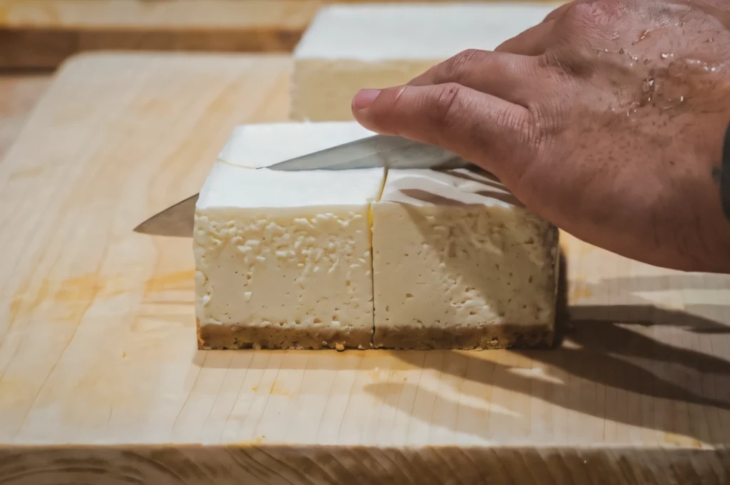 Eye-level action shot of a knife cutting through a block of soybean cheesecake on a wooden board, highlighting the dense yet creamy soy-based interior.
