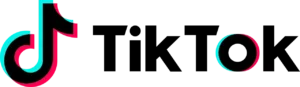 Official TikTok logo featuring a musical note icon with a cyan and magenta glitch effect and bold black wordmark on a white background.