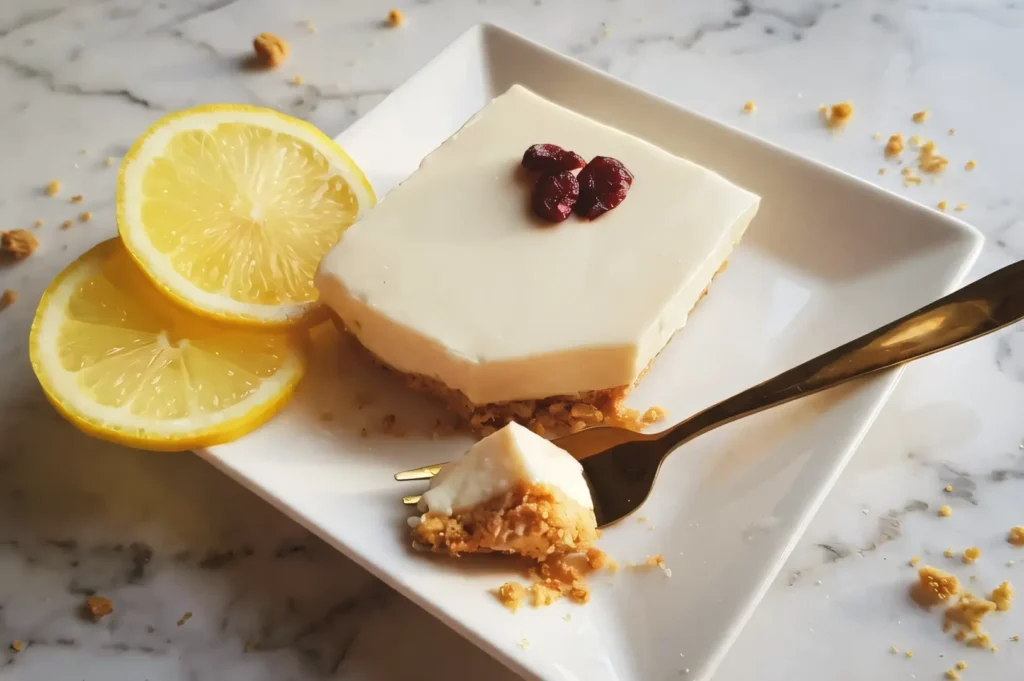 High-angle plated shot of a square soy rare cheesecake on a white plate, garnished with lemon slices and berries, with a fork holding a bite-sized piece.