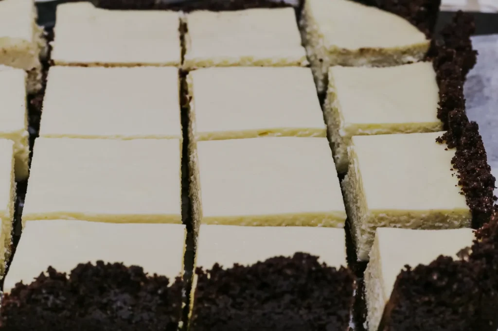 Close-up of neatly sliced cheesecake squares with creamy tops and dark, crumbly chocolate crust edges, creating a rich and inviting appearance.