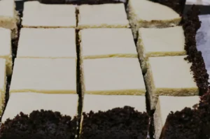 Close-up of neatly sliced cheesecake squares with creamy tops and dark, crumbly chocolate crust edges, creating a rich and inviting appearance.