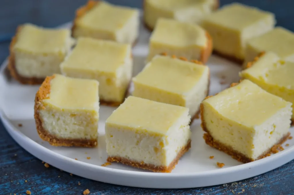 Cubes of creamy cheesecake with golden crust on a white round plate, set against a dark blue textured background, conveying a sense of indulgence.