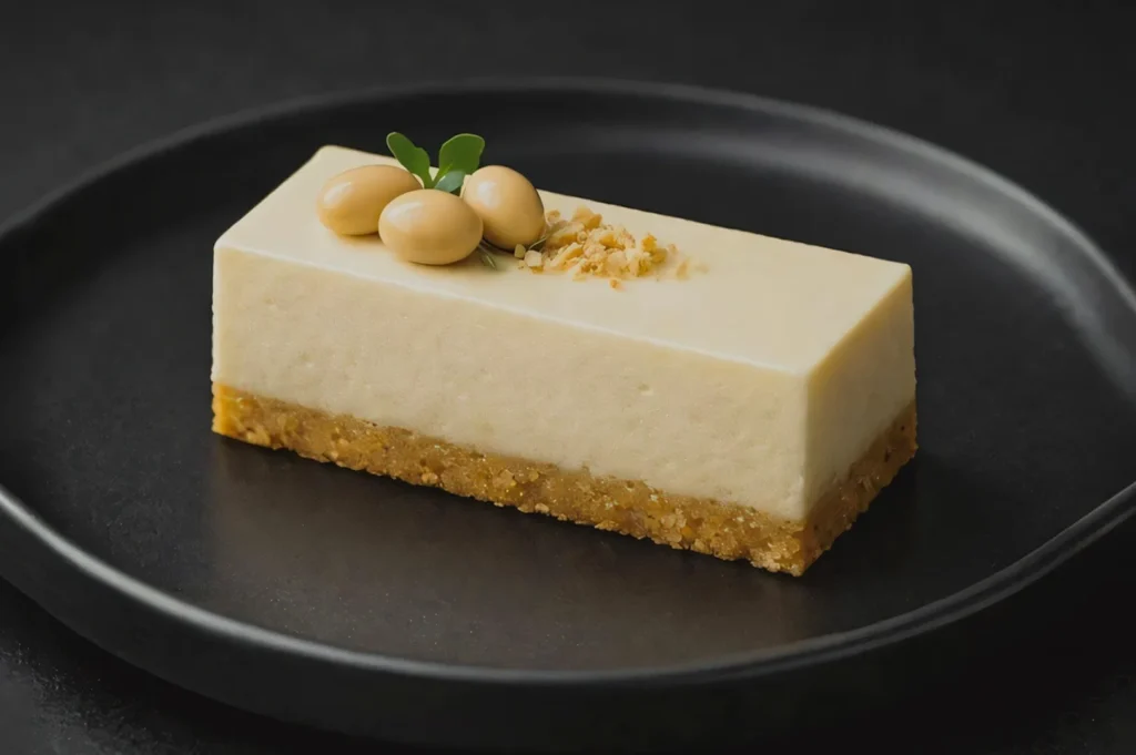 A rectangular cheesecake with a golden crumb base, topped with three beige berries, green leaves, and crumbled bits, on a sleek black plate.