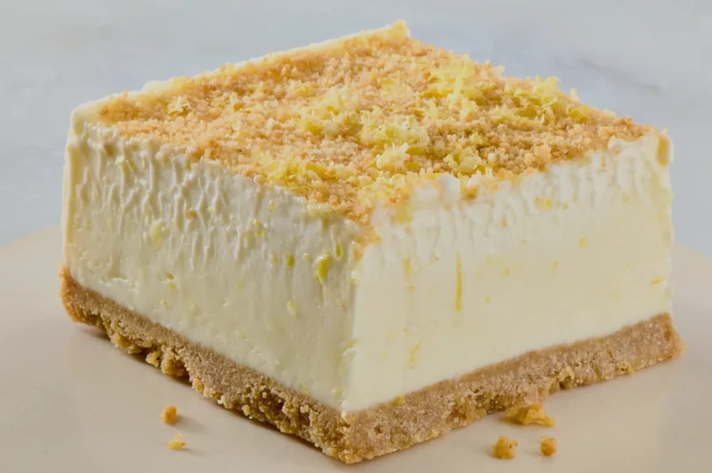 A close-up of a creamy cheesecake slice with a crumbly graham cracker crust and lemon zest topping, set on a neutral background. It conveys a fresh and indulgent tone.