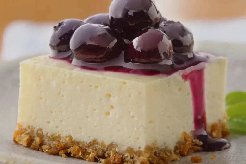 A slice of cheesecake with a crumbly base, topped with glossy blueberries and a purple sauce, on a plate with a fresh green garnish.
