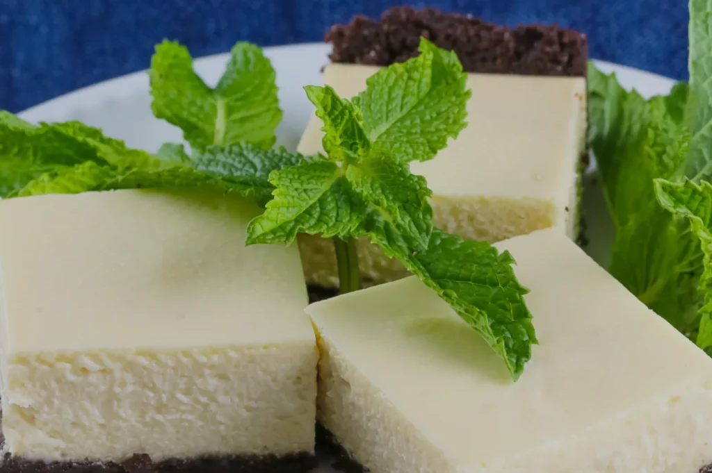 Squares of creamy cheesecake rest on a plate with a chocolate crust, garnished with fresh green mint leaves, against a blue background.