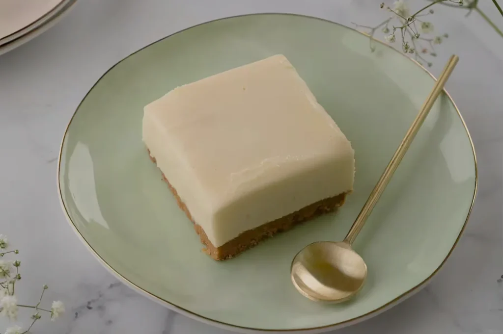 A creamy square dessert with a graham cracker crust sits on a mint green plate, accompanied by a gold spoon. The setting is elegant and minimal.