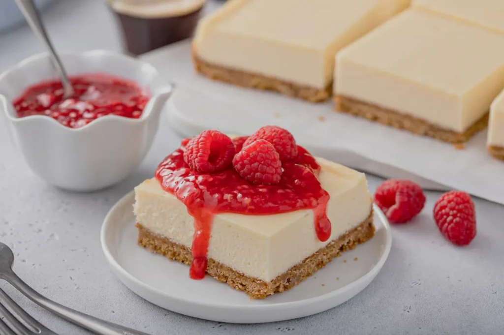 A creamy cheesecake square topped with vibrant red raspberries and raspberry sauce on a white plate. A bowl of sauce and more cheesecake are visible.