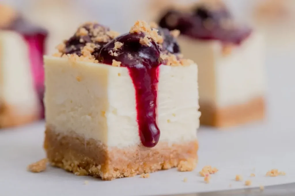 A square cheesecake bite with a crumbly base and creamy center, topped with vibrant purple berry sauce and crumbled biscuit. Tempting and indulgent.