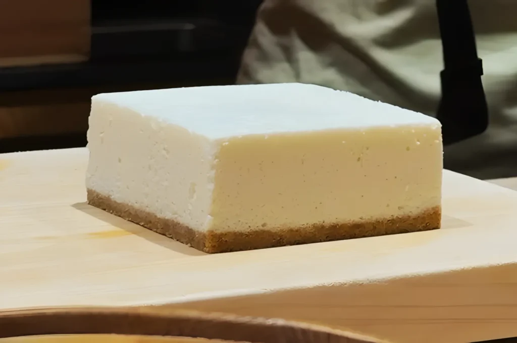 A thick slice of creamy cheesecake on a wooden board, featuring a smooth white top and a thin, golden-brown graham cracker crust, in warm lighting.