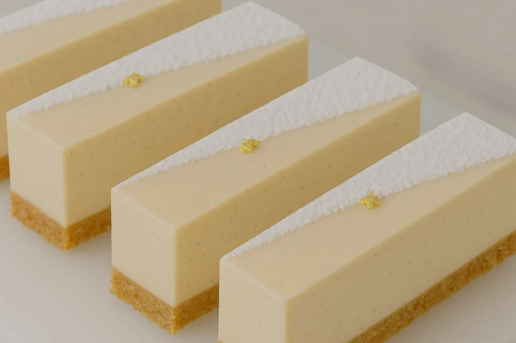 Rectangular vanilla mousse cakes with a thin cookie base, topped with diagonal powdered sugar and small gold leaf accents, convey elegance and precision.