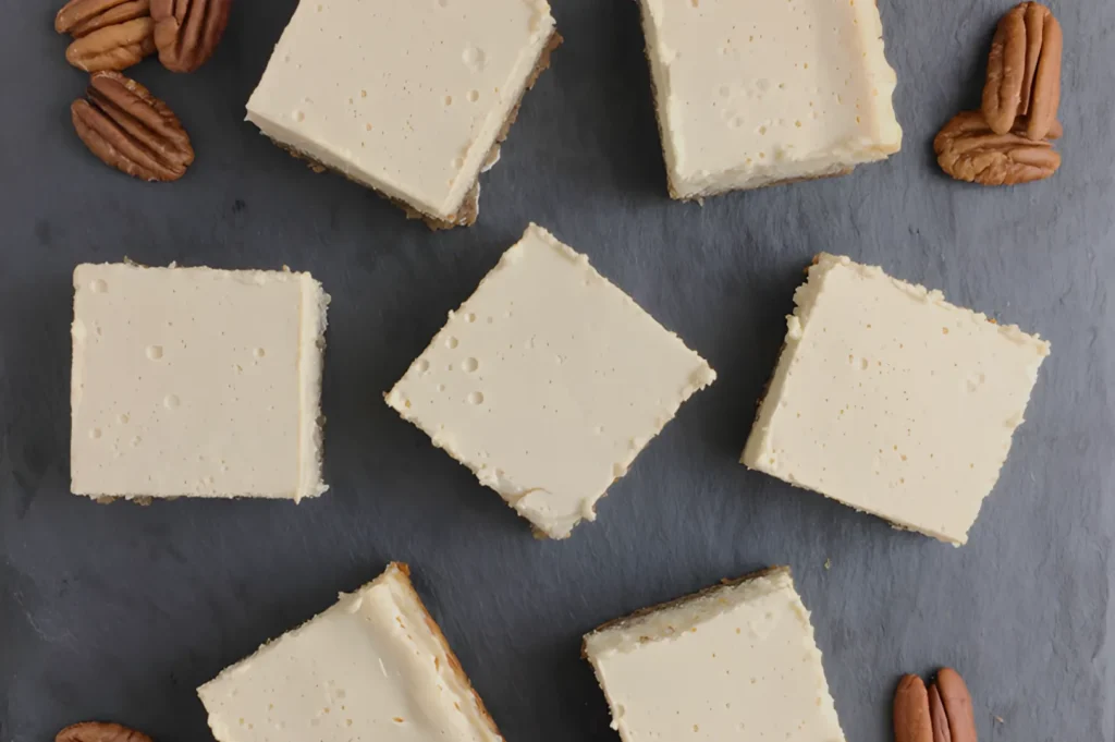 Seven creamy cheesecake squares arranged on a slate background, with pecans scattered around. The tone is inviting and appetizing.