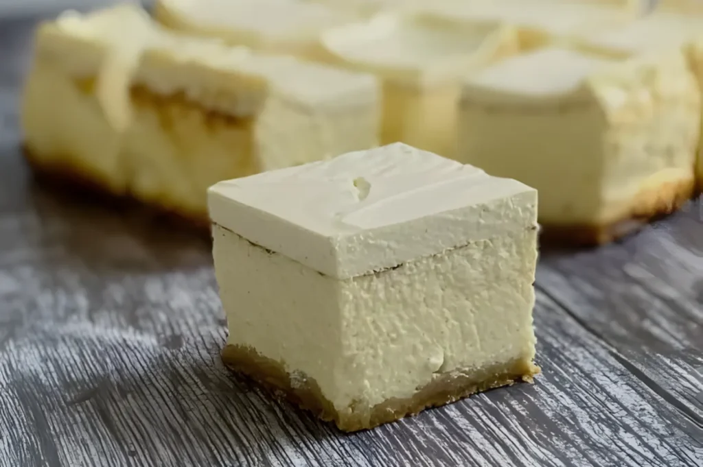 A slice of creamy cheesecake with a crumbly graham cracker crust sits on a textured wooden surface. More slices are blurred in the background.