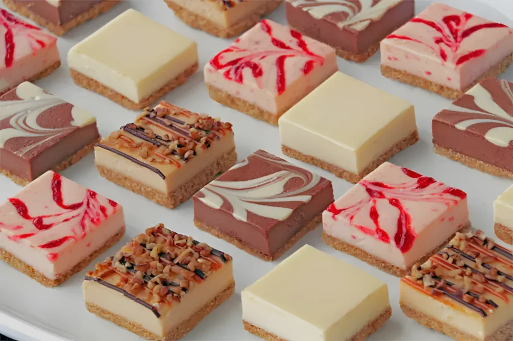 A platter of vibrant cheesecake squares with varied flavors, including chocolate swirl, raspberry, and nut-topped, arranged neatly in rows.