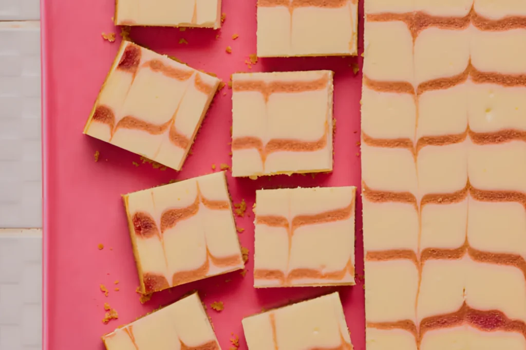 Sliced cheesecake squares with raspberry swirls arranged on a bright pink background, creating a cheerful and appetizing display.