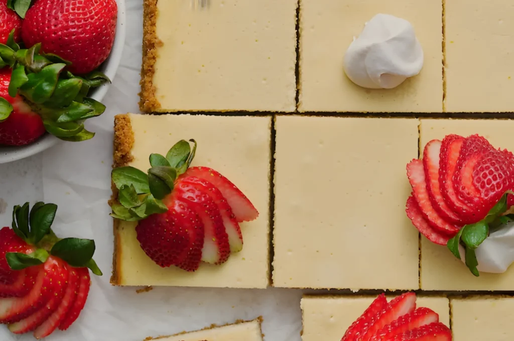 Top view of creamy lemon bars garnished with whipped cream and sliced strawberries. A bowl of fresh whole strawberries is on the side, adding vibrant color.