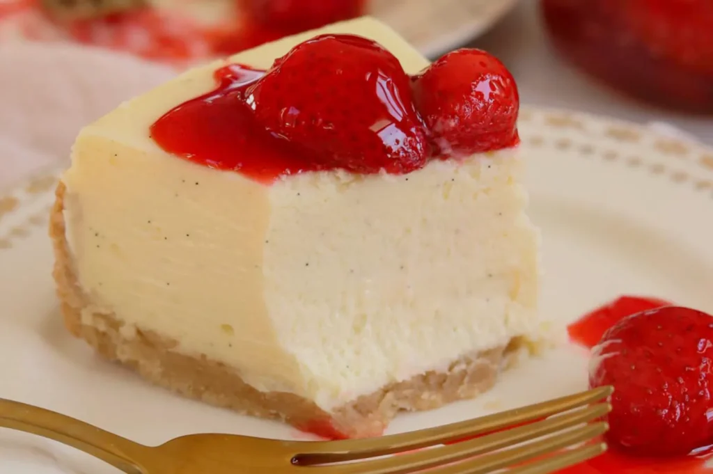 A slice of creamy cheesecake with a golden crust is topped with glossy red strawberries and sauce. A fork rests beside it on a decorative plate.
