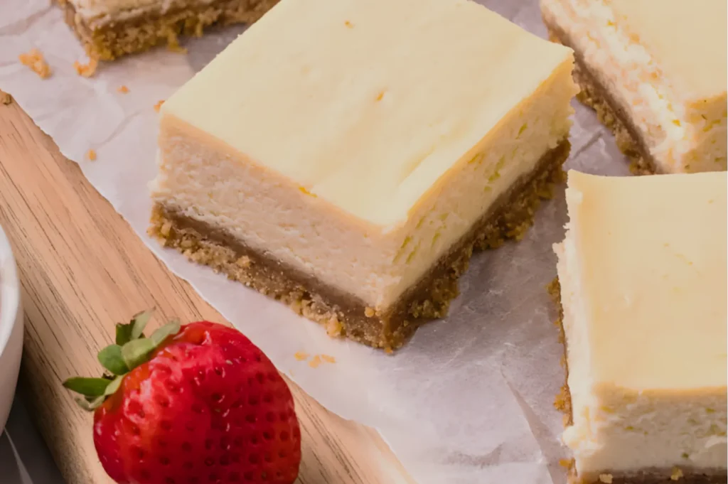 Creamy cheesecake bars on a wooden board, topped with a smooth layer of pale yellow filling and a crumbly base. A fresh strawberry rests nearby.