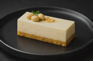 A rectangular cheesecake with a crumbly brown base on a black plate. It's topped with small cookies, green leaves, and a sprinkle of crumbs.