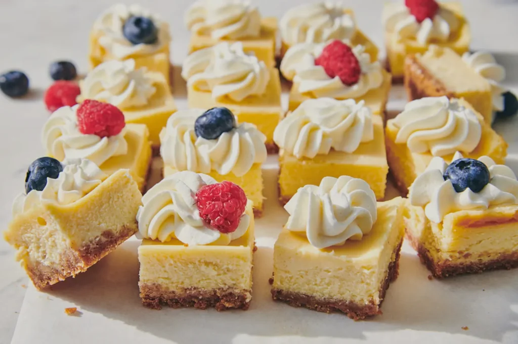Delicious cheesecake bites with golden crusts topped with swirls of cream and fresh raspberries and blueberries. They are arranged neatly on parchment paper.
