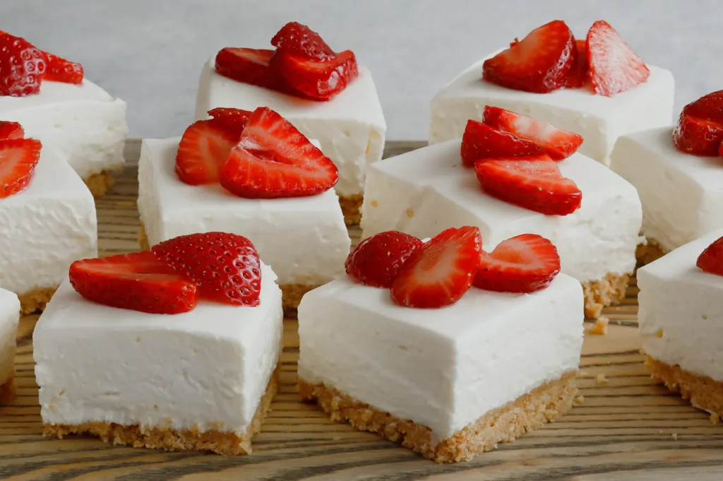 A close-up of rectangular slices of cheesecake topped with fresh strawberry slices, displayed on a wooden surface.