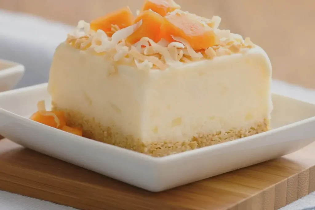 A square slice of creamy cake topped with orange fruit and coconut flakes, served on a square plate.