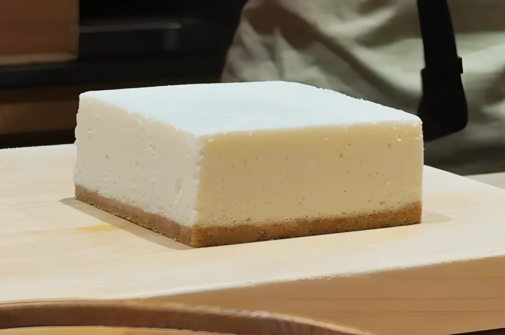 A neatly sliced block of cheesecake on a wooden board. It has a smooth, creamy white top and a light brown crumbly base, set against a blurred background.
