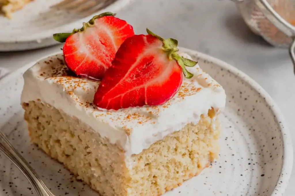 A slice of cake topped with whipped cream and two sliced strawberries on a speckled plate.