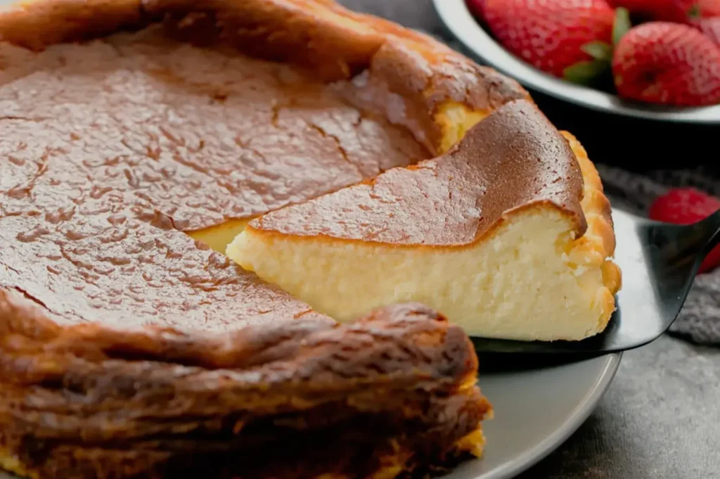 Golden brown Basque cheesecake slice being lifted from the whole cake on a plate. Fresh strawberries in a bowl in the background. Delicious and inviting.