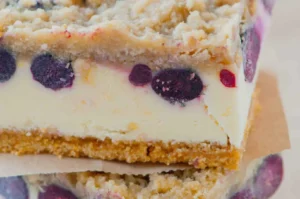 A close-up of a dessert bar featuring a creamy filling with blueberries and cranberries, sitting on a graham cracker crust.
