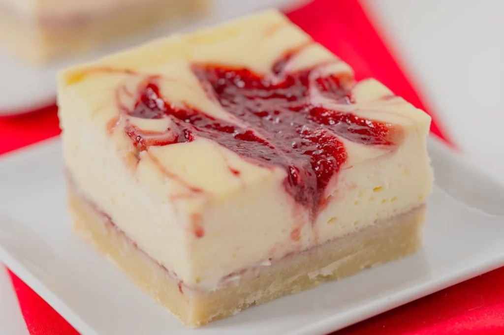 A slice of cheesecake with a red berry swirl on top, displayed on a white plate against a red background.