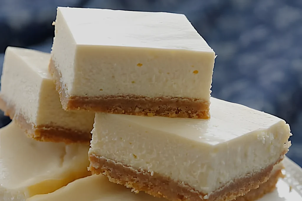 Three squares of creamy cheesecake on a cookie crust, stacked on top of each other.