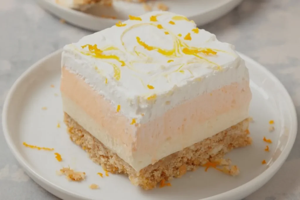 A square slice of layered dessert with a creamy orange and white filling on a graham cracker crust, topped with whipped cream and lemon zest.