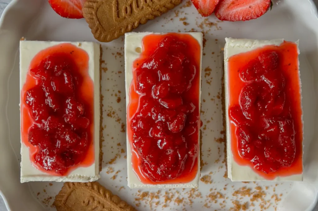 Cheesecake slices topped with strawberry sauce and accompanied by cookie crumbs and fresh strawberries.