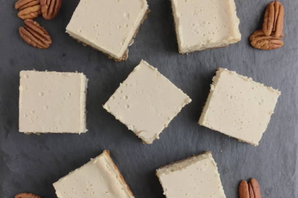 A top-down view of square pieces of dessert with a creamy topping, arranged on a slate surface with scattered pecans around them.