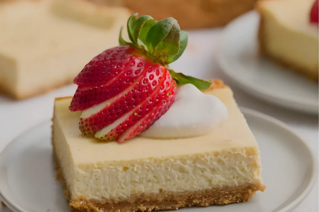 A slice of cheesecake topped with a fresh strawberry and whipped cream on a small plate.
