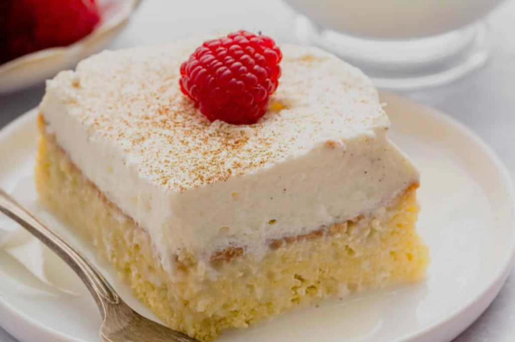 A slice of creamy tres leches cake topped with a fresh raspberry on a plate. The cake is moist, with a layer of whipped cream dusted with cinnamon.