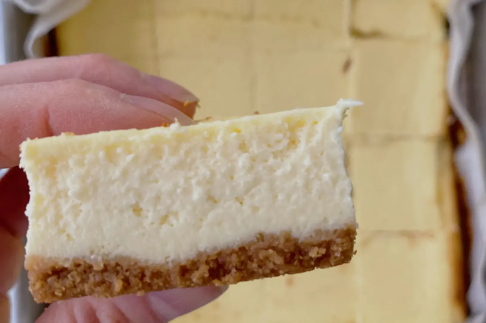 A close-up of a slice of cheesecake held by a hand, showing the creamy filling and crumbly crust.