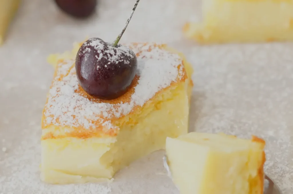 A creamy slice of golden cake dusted with powdered sugar and topped with a dark cherry, with a small piece cut beside it on a pale surface.