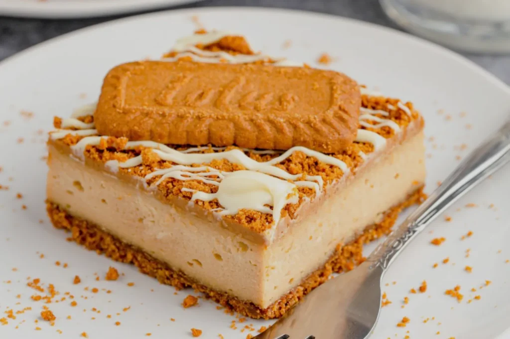 A creamy, square cookie butter cheesecake topped with crumbled biscuits, white icing, and a whole golden cookie, served on a white plate with a fork.