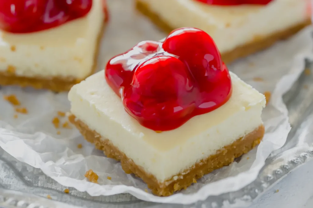 A creamy cheesecake bar with a golden crumb crust and glossy red cherry topping sits on crinkled parchment, with more bars behind it. Cheerful and indulgent.