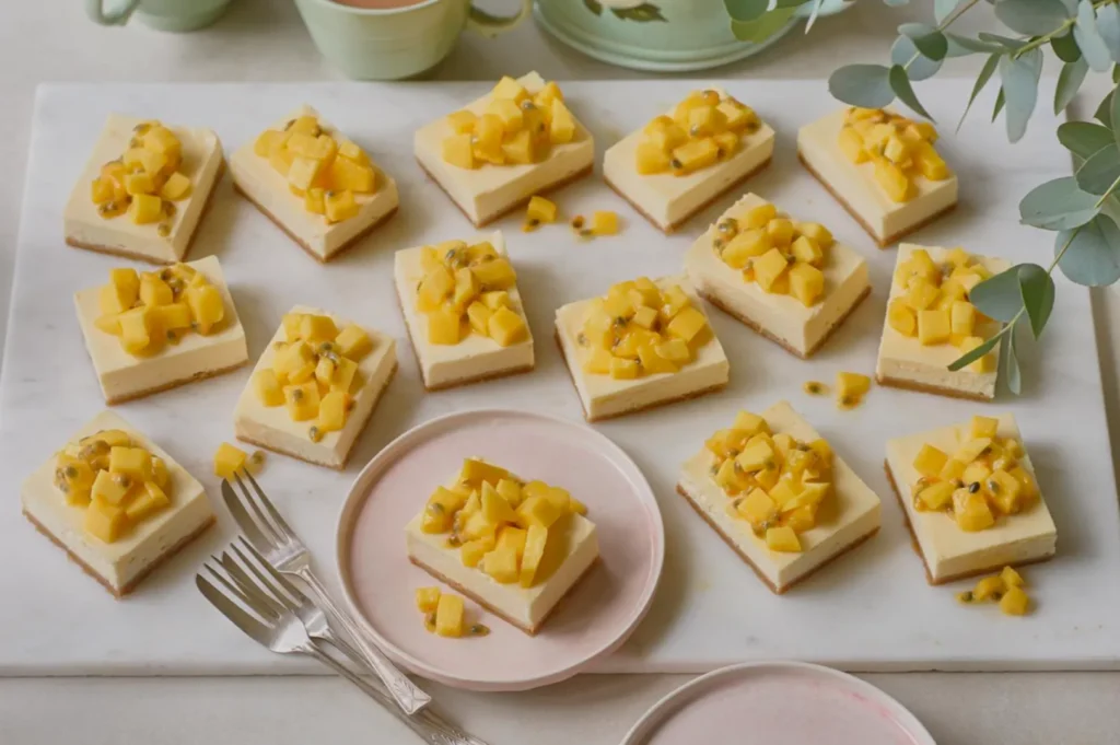 Overhead view of mango-topped square cheesecake bites arranged on a white platter, with a pink plate, forks, teacups, and eucalyptus for a fresh, inviting tea-time mood.