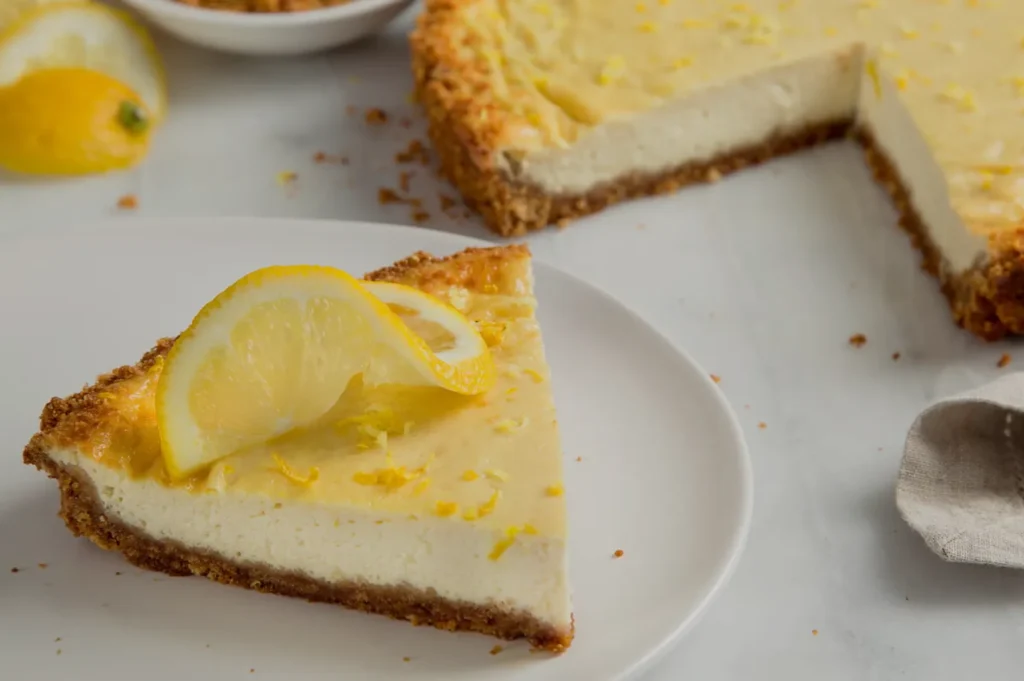 A creamy lemon cheesecake slice topped with a curled lemon wedge sits on a white plate, with the remaining tart, crumbs, and spoon behind it.