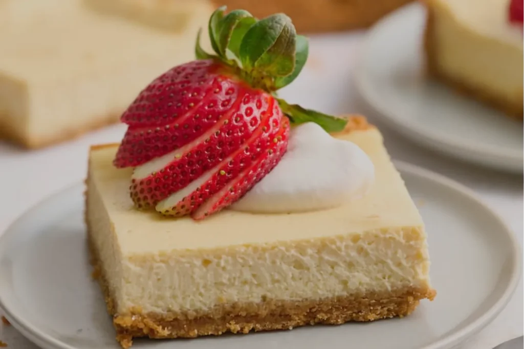 A creamy square of cheesecake topped with whipped cream and a sliced red strawberry sits on a white plate, evoking a fresh, indulgent dessert.